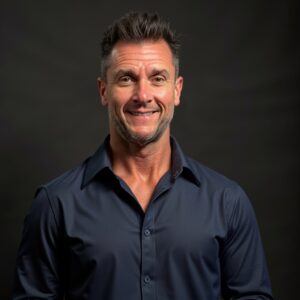 Smiling man in a navy button-down shirt against a dark studio background.