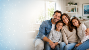 Happy family of four sits together on a sofa in a bright living room, smiling at the camera with arms around each other.