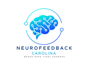 Neurofeedback Carolina logo: gradient blue brain with circuit lines inside a circular arc and the tagline 'Where Hope Finds Answers' beneath.