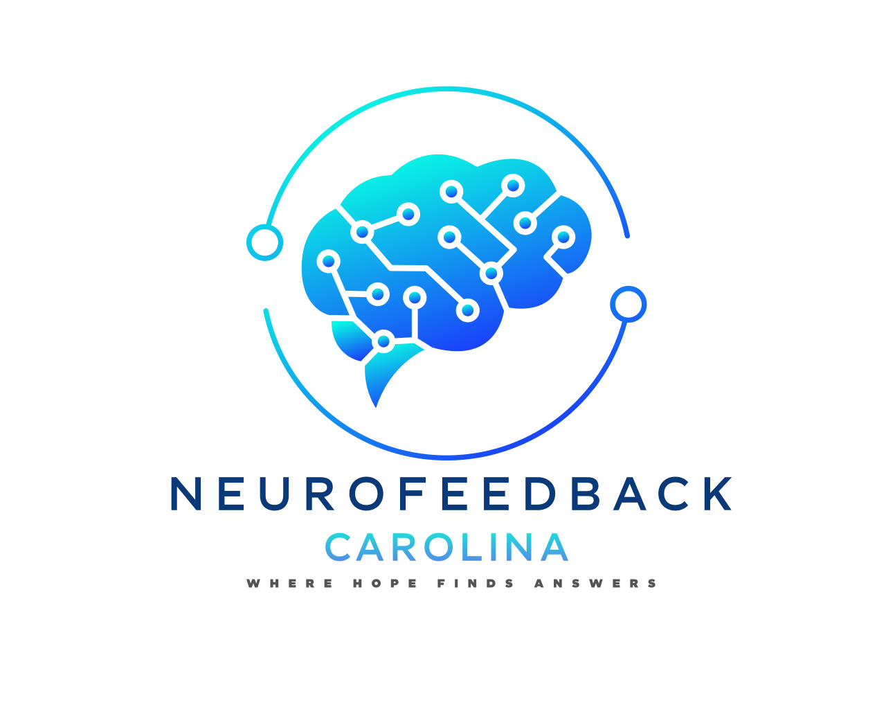Neurofeedback Carolina logo: gradient blue brain with circuit lines inside a circular arc and the tagline 'Where Hope Finds Answers' beneath.