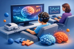 Child wearing a neural headset and headphones sits at a desk, watching brain graphics on a large monitor while a researcher observes a second screen in the background, with puzzle pieces nearby.
