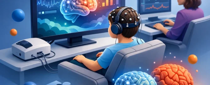 Child wearing a neural headset and headphones sits at a desk, watching brain graphics on a large monitor while a researcher observes a second screen in the background, with puzzle pieces nearby.