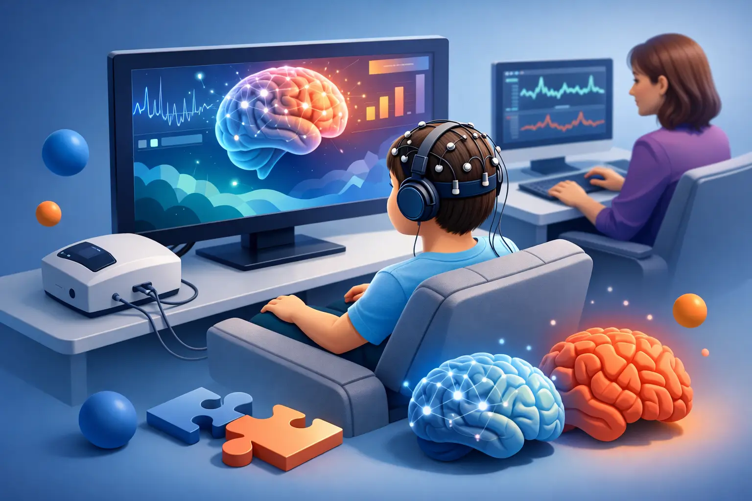 Neurofeedback for Autism May Support Regulation | Neurofeedback Carolina Child wearing a neural headset and headphones sits at a desk, watching brain graphics on a large monitor while a researcher observes a second screen in the background, with puzzle pieces nearby.