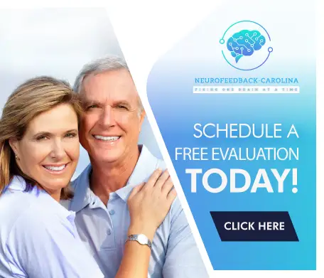 Smiling older couple embracing beside a blue promotional panel with the Neurofeedback Carolina logo and text: 'Schedule a Free Evaluation Today!' and a 'Click Here' button.