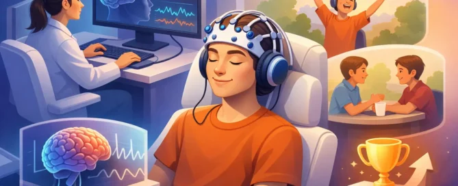 Person wearing an EEG headset sits with eyes closed as a researcher monitors brain activity on a screen; outdoor scene visible in background.