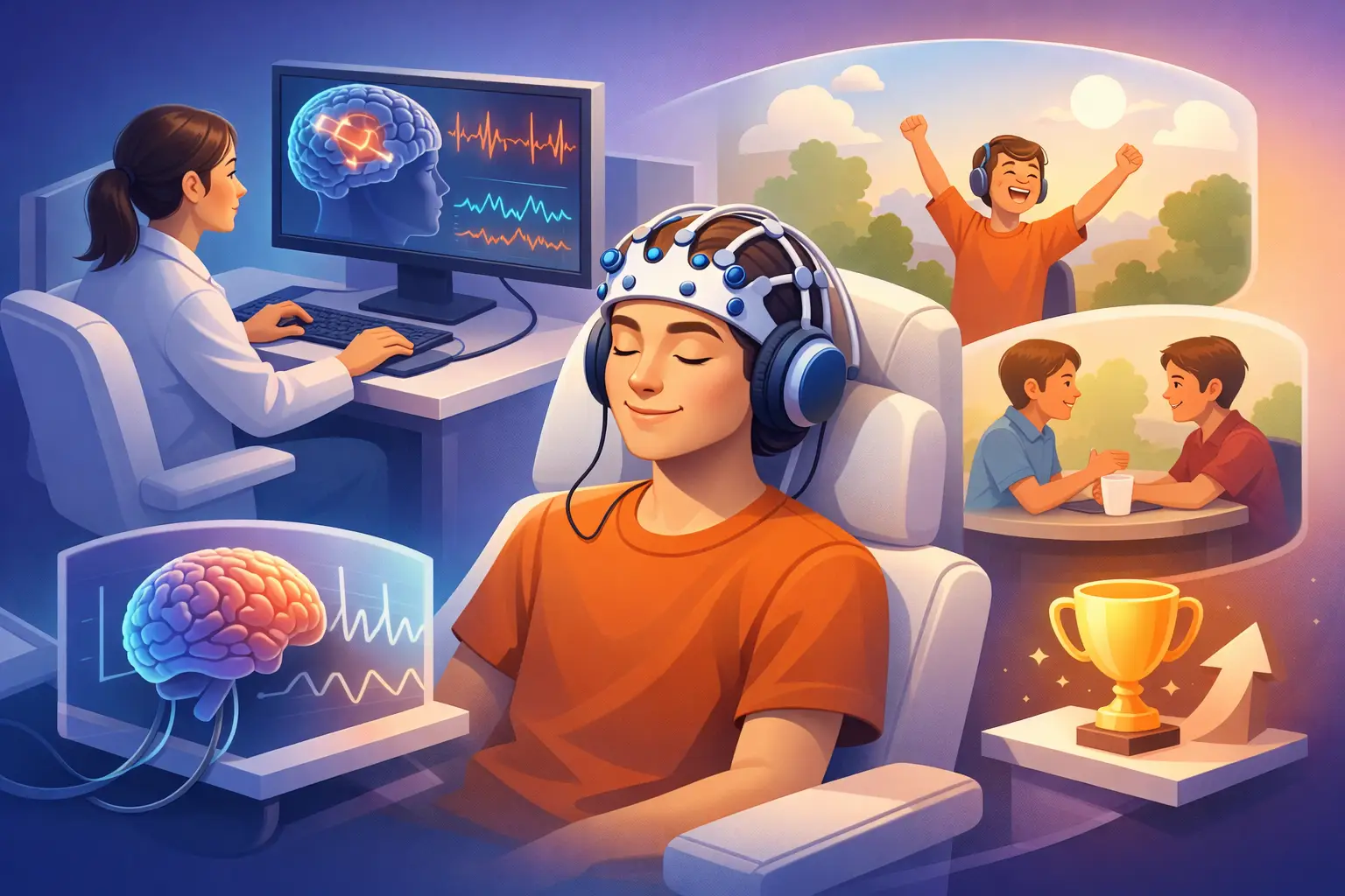 ADHD Neurofeedback Success Stories That Feel Real | Neurofeedback Carolina Person wearing an EEG headset sits with eyes closed as a researcher monitors brain activity on a screen; outdoor scene visible in background.