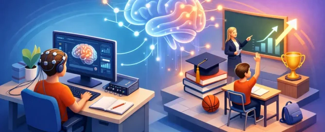 Student at a desk wearing headphones works at a computer displaying a brain, as a teacher presents a rising chart on a chalkboard with a trophy nearby.