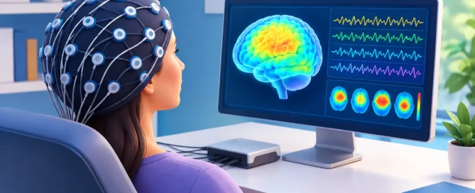 Person wearing an EEG cap while looking at a computer screen showing a colorized brain image and neural activity waves on a desktop monitor.