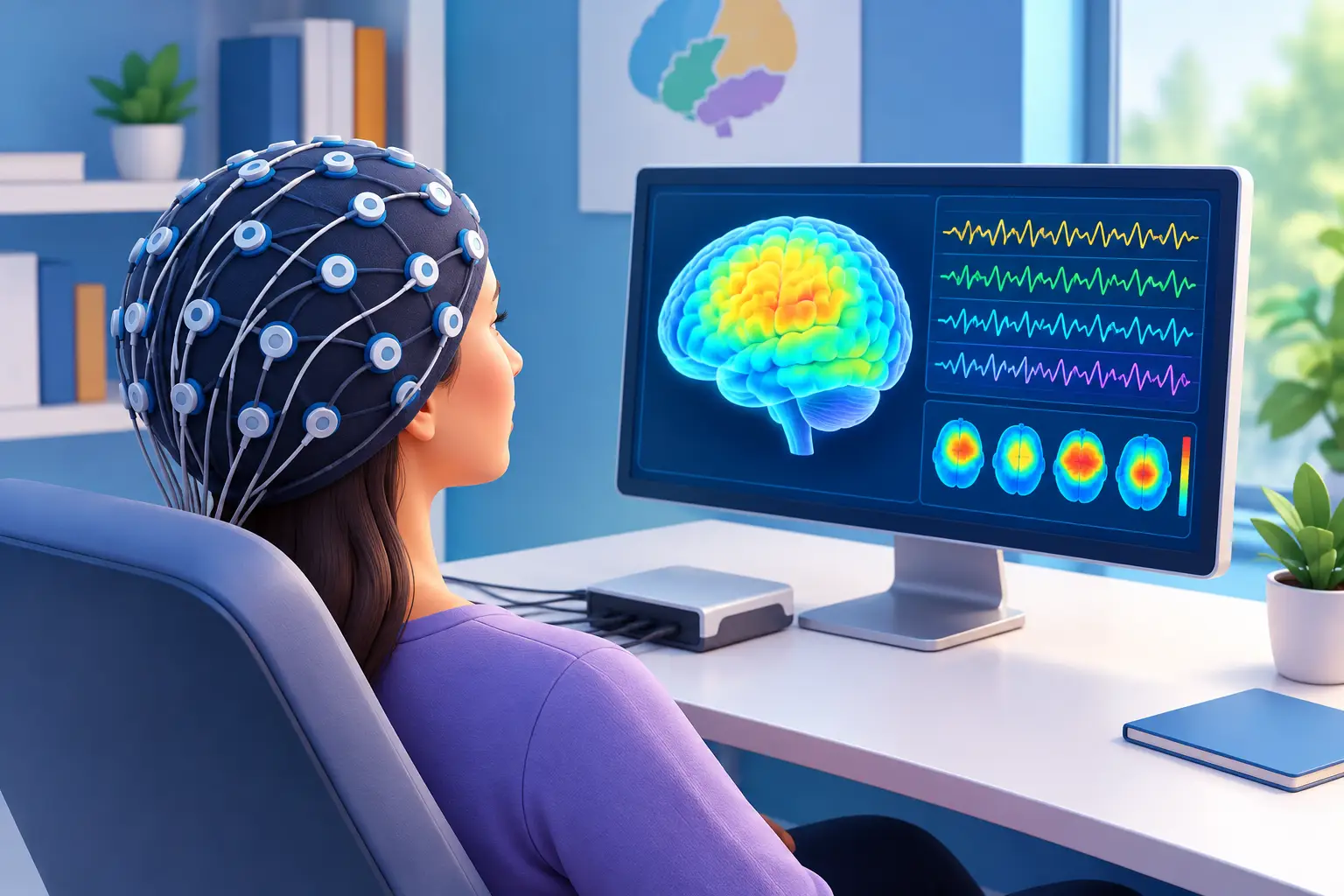 A Guide to Brainwave Assessment and What It Shows | Neurofeedback Carolina Person wearing an EEG cap while looking at a computer screen showing a colorized brain image and neural activity waves on a desktop monitor.