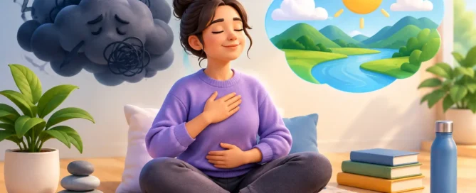 Woman sits cross‑legged on a rug with eyes closed, practicing meditation as a stormy cloud behind her fades into a sunny landscape.