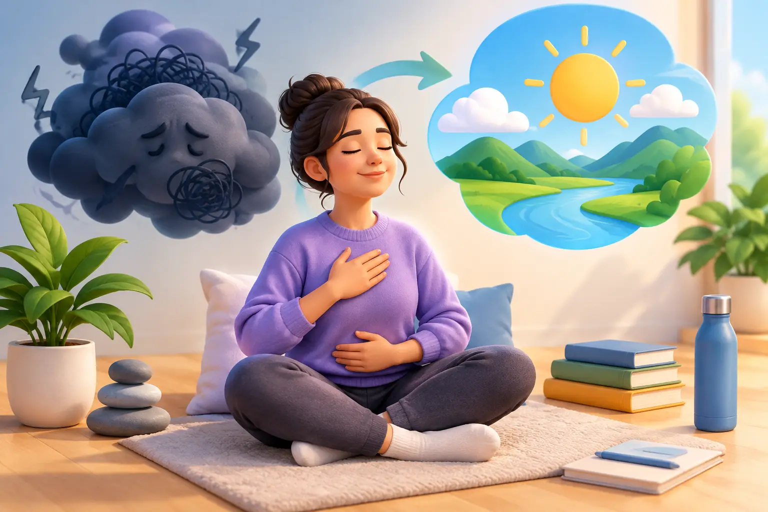 A Guide to Panic Recovery Skills That Last | Neurofeedback Carolina Woman sits cross‑legged on a rug with eyes closed, practicing meditation as a stormy cloud behind her fades into a sunny landscape.