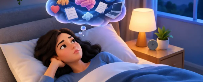 A girl lying in bed looking up as a dream cloud of icons (brain, clock, laptop, checklist) hovers above her.