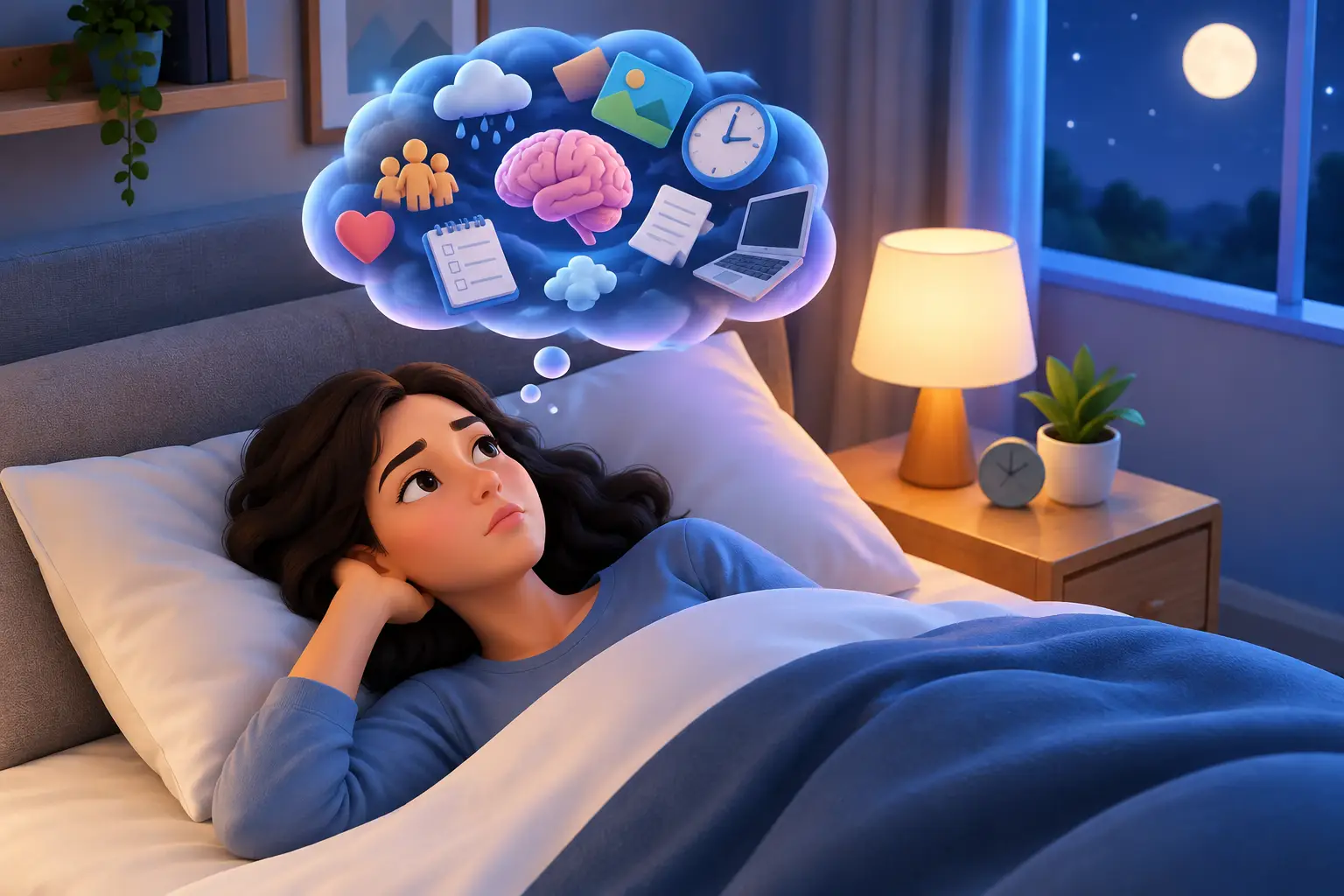 How to Improve Sleep Quality When Your Mind Wont Rest | Neurofeedback Carolina A girl lying in bed looking up as a dream cloud of icons (brain, clock, laptop, checklist) hovers above her.