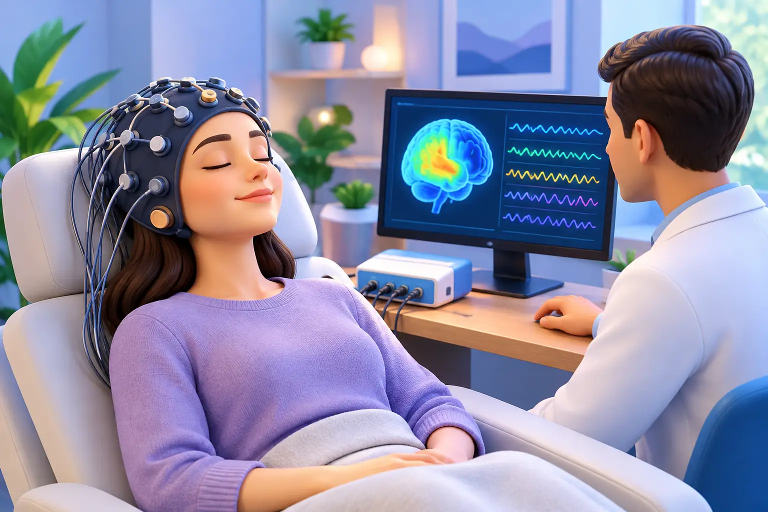 Is Brainwave Testing Painless What to Expect | Neurofeedback Carolina Patient wearing an EEG cap reclines in a clinic while a clinician monitors a brain scan on a monitor.