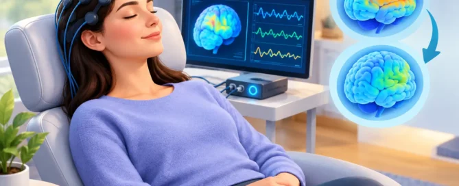 Woman wearing an EEG cap with electrodes, relaxing in a chair while a monitor shows brain activity graphs and imagery in the background.