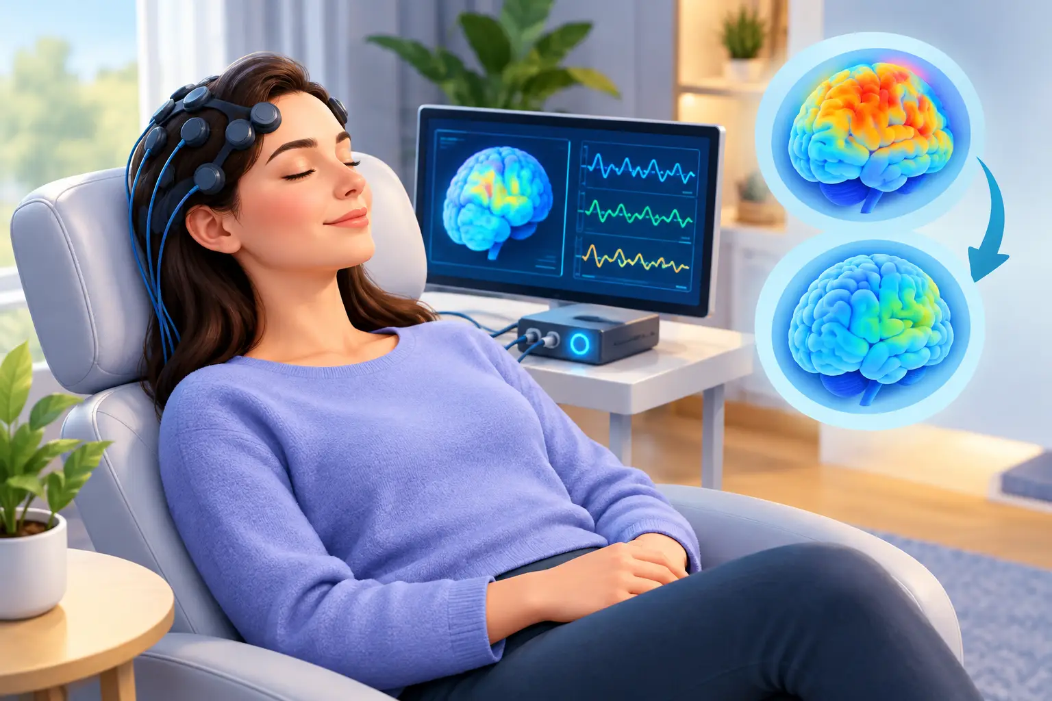 What Anxiety Neurofeedback Treatment Results Look Like | Neurofeedback Carolina Woman wearing an EEG cap with electrodes, relaxing in a chair while a monitor shows brain activity graphs and imagery in the background.