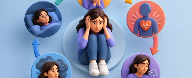 Central sad girl curled up, surrounded by circular icons showing worry, sickness, and heart health in a looping cycle.
