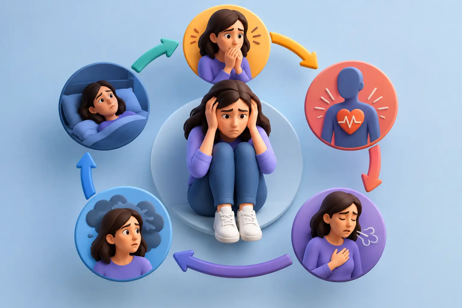 Central sad girl curled up, surrounded by circular icons showing worry, sickness, and heart health in a looping cycle.